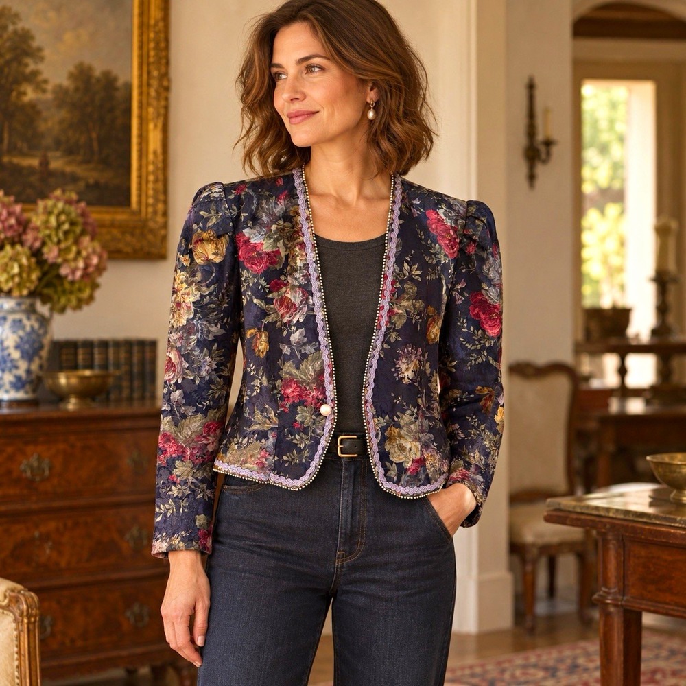 Vintage 80s Victorian Floral Tapestry Jacket Pearl Trim Cottagecore Romantic